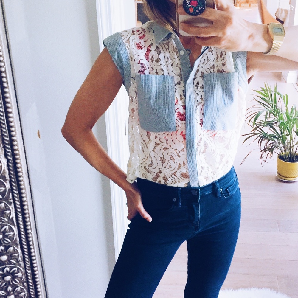 BCBG Delicate Lace Button Up Blouse